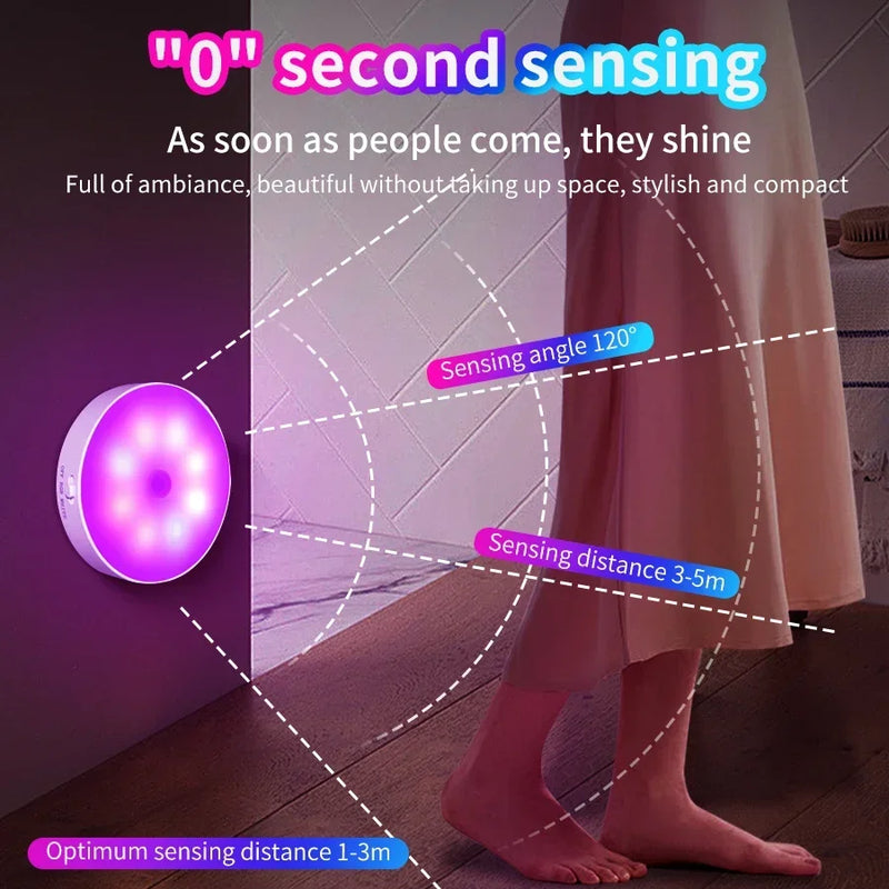 Lumora | Bewegungssensor Nachtlicht | Warmweiß + RGB | Wiederaufladbar & Magnetisch | 120° Erfassung | Kabellos für Schlafzimmer, Küche & Flur