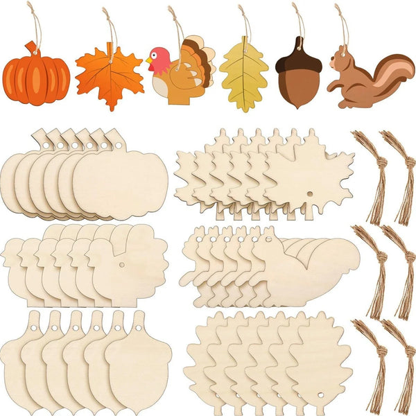 WoodlyFall Kürbis & Blätter Anhänger | 6er-Set | Holz Basteldeko | Zum Bemalen & Aufhängen | Herbst & Thanksgiving