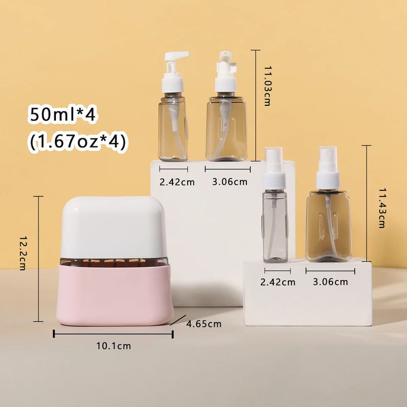 TravelEase 4-in-1 Reiseflaschen Set | Nachfüllbare 50 ml Spender & Sprühflaschen | Auslaufsicher & TSA-konform | Für Shampoo, Lotion, Desinfektion