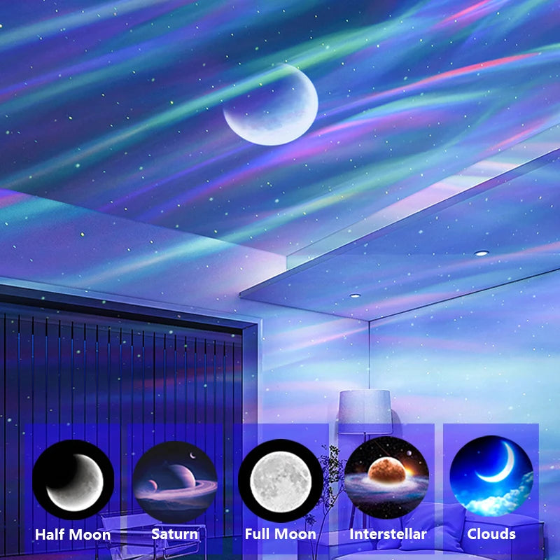 Auroria Polarlicht-Projektor | 3-in-1 Aurora, Sterne & Mond | Bluetooth Lautsprecher & Weißes Rauschen | 360° Galaxy Nachtlicht
