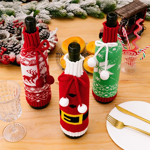 Festivelle 3er Set Weihnachts Flaschenhüllen | Gestrickte Weinflaschen Deko | Mit Kordelzug | Für 750ml Wein- & Champagnerflaschen | Polyester