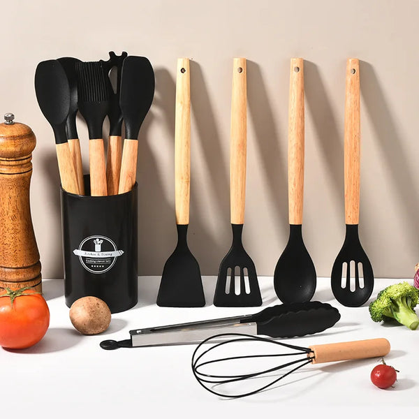Culinora Silikon Küchenutensilien Set | Hitzebeständig bis 230 °C | 12-teilig mit Holzgriffen | Rührbesen, Pfannenwender, Zange & mehr