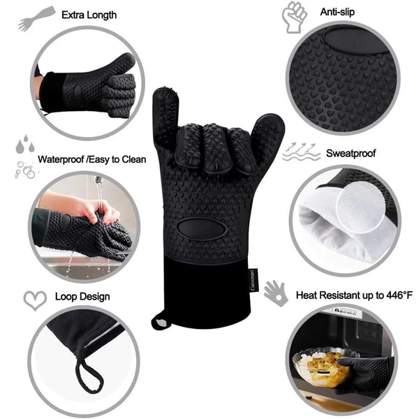 Griptermo Silikon Grillhandschuhe | Hitzebeständig bis 260 °C | Rutschfest & Wasserdicht | Mit Baumwollfutter
