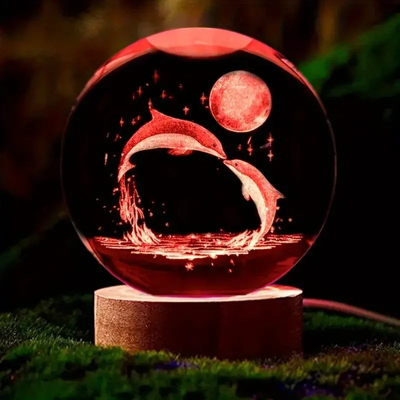 Mariluna Kristallkugel Delfin | 3D-Lasergravur & LED-Sockel | Mond- & Meeresmotiv