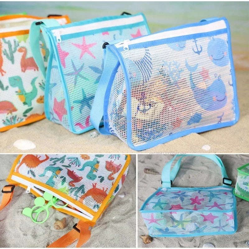 Strandolino Kids Faltbare Strandtasche für Kinder | Mesh-Tasche für Muscheln & Spielzeug | Verstellbarer Tragegurt & Reißverschluss – 25×20×10 cm