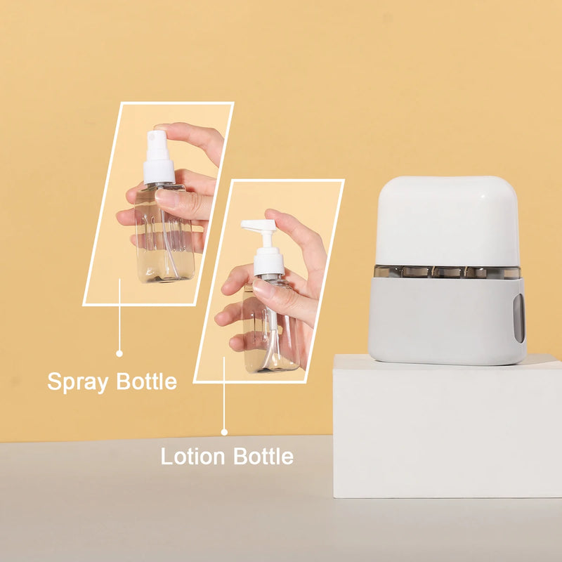 TravelEase 4-in-1 Reiseflaschen Set | Nachfüllbare 50 ml Spender & Sprühflaschen | Auslaufsicher & TSA-konform | Für Shampoo, Lotion, Desinfektion
