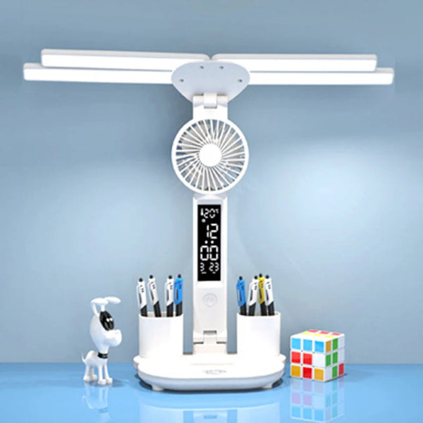 LED-Tischlampe LumiBreeze | Mit Ventilator, Uhr & 3 Lichtfarben | USB-Aufladbar | 3200 mAh Akku | Touch-Steuerung