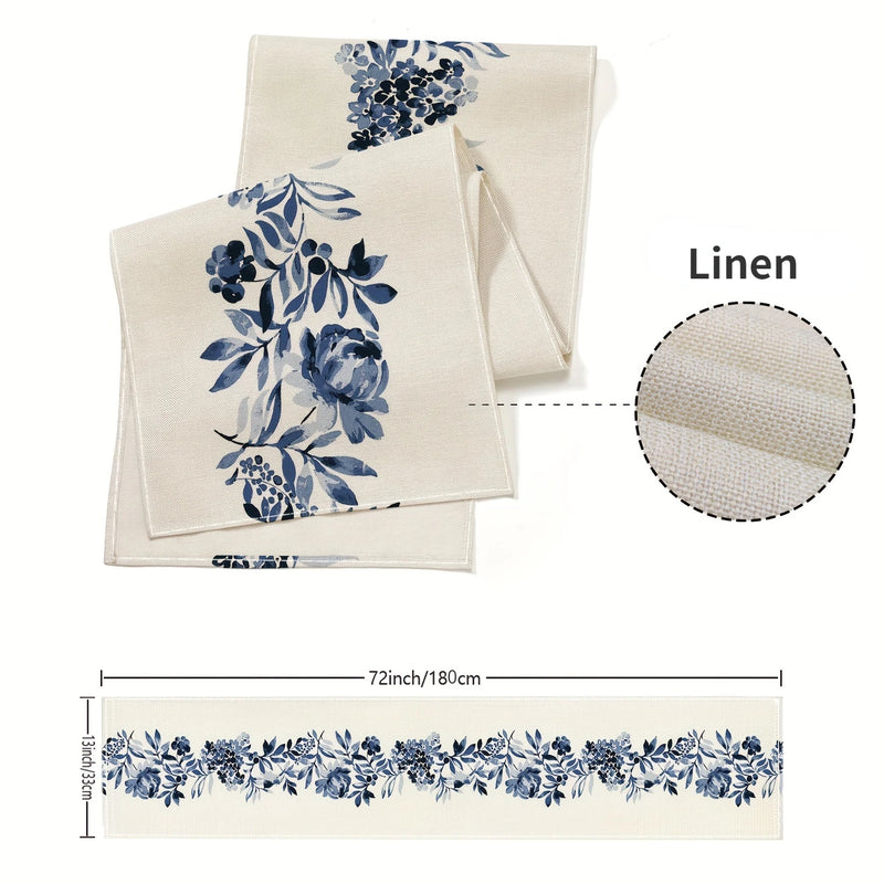 BloomLoom | Boho Tischläufer | Leinen mit blauen Blumen | 150–200 × 33 cm