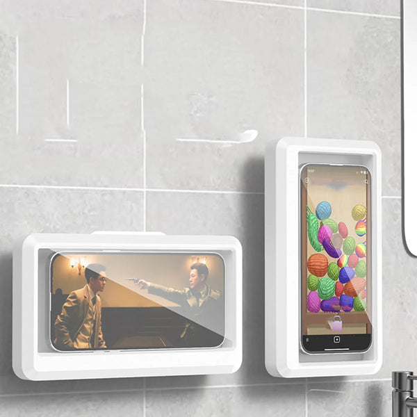 AquaView Touch | Wasserdichte Handyhalterung fürs Bad | Wandmontierte Smartphone-Box mit Touchscreen | Selbstklebend | Für Handys bis 6,8"