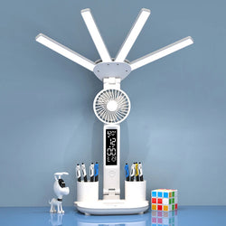 LED-Tischlampe LumiBreeze | Mit Ventilator, Uhr & 3 Lichtfarben | USB-Aufladbar | 3200 mAh Akku | Touch-Steuerung