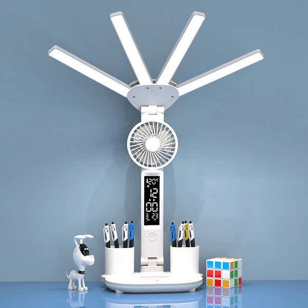 LED-Tischlampe LumiBreeze | Mit Ventilator, Uhr & 3 Lichtfarben | USB-Aufladbar | 3200 mAh Akku | Touch-Steuerung