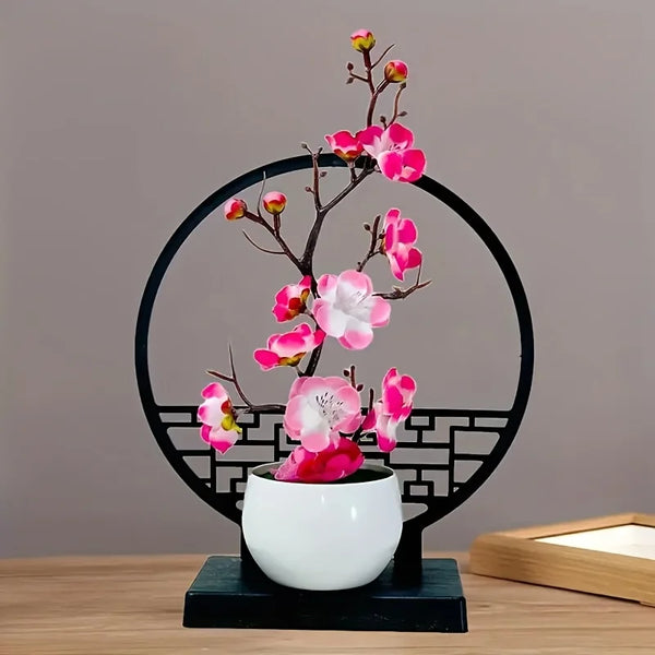 Kunst-Bonsai PlumElegance | Pflaumenblüten-Design | Mit dekorativem Paravent-Sockel | 32 cm Tischdeko