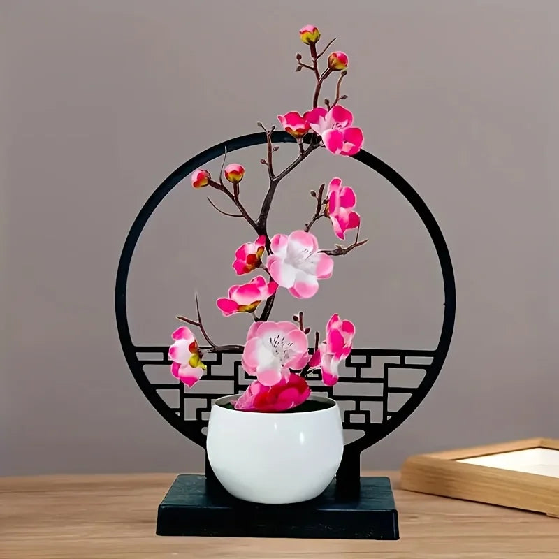 Kunst-Bonsai PlumElegance | Pflaumenblüten-Design | Mit dekorativem Paravent-Sockel | 32 cm Tischdeko