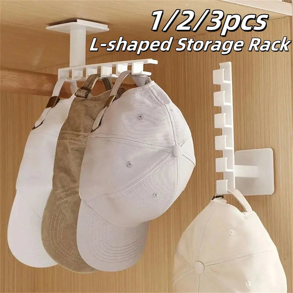 Capelio Hut- & Kleiderhalter L-Form ohne Bohren | 1/2/3 Stück | Wandhalter mit 6 Haken | Ideal für Caps, Kleidung & Accessoires | Selbstklebend & Multifunktional