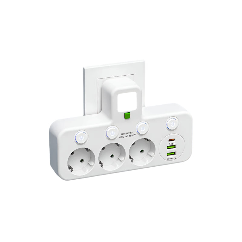 Mehrfachsteckdose VOLTRIQ ProLine | 3–4 Steckplätze + 2× USB & 1× Typ-C | 2500 W | Überspannungsschutz & Kontrollschalter