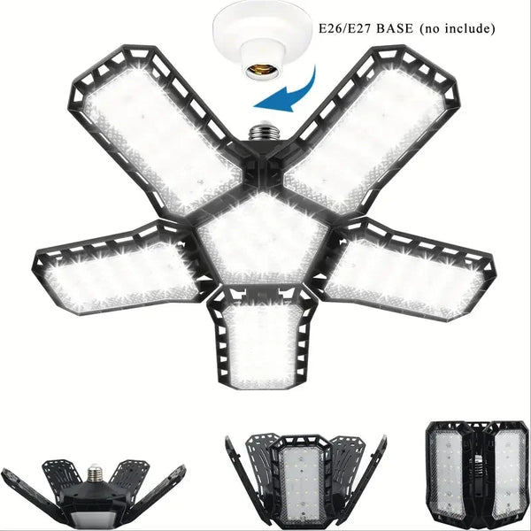 LUMIFLEX LED Garagenlampe | Faltbare Deckenleuchte mit 3–12 verstellbaren Panels | E27-Sockel | 6500K Tageslicht – Für Werkstatt, Lager & Garage