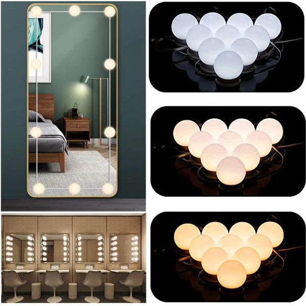 Glamora | LED Schminkspiegel-Lichtset | 10 Hollywood-Style Lampen | USB, Dimmbar & 3 Farbmodi