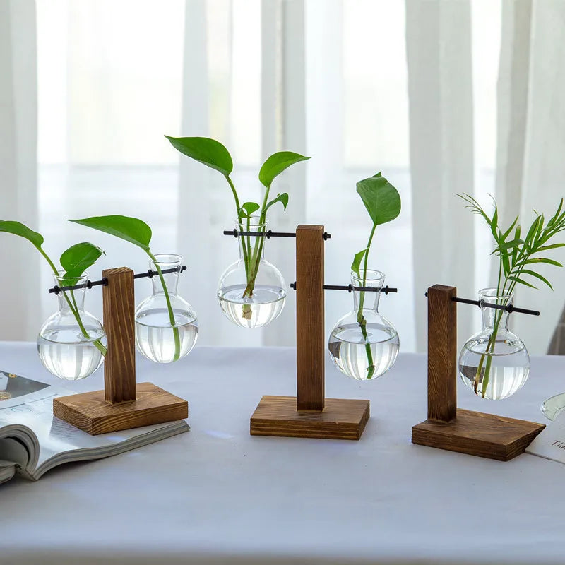 Naturiva Design Glasvase mit Holzrahmen | Für Schnittblumen & Hydrokultur | Skandinavischer Stil | 3-teiliges Set
