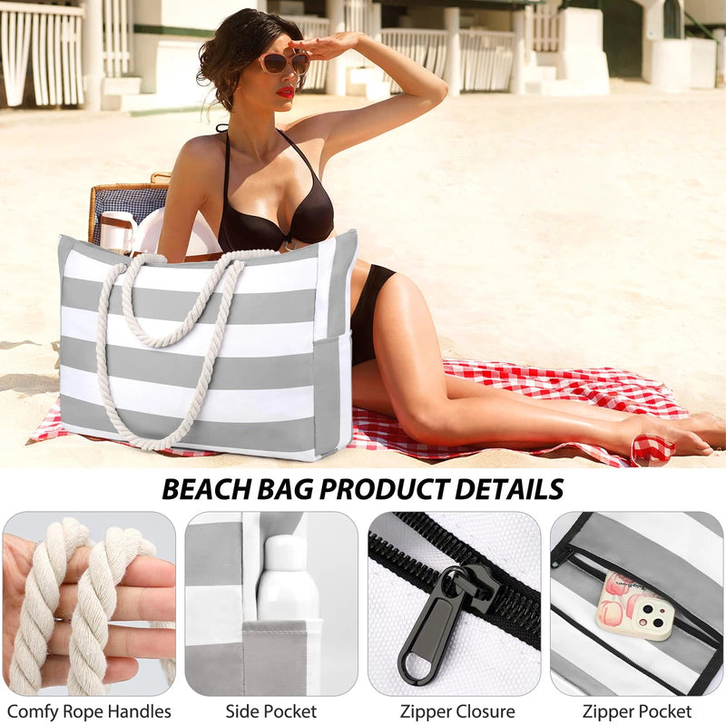Marivalis Gestreifte Strandtasche mit Reißverschluss | Faltbar & Wasserdicht | Sandresistentes Canvas | Für Reise & Urlaub