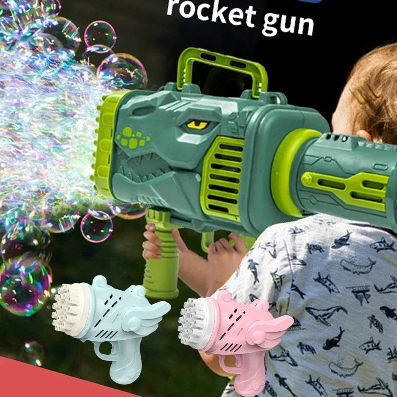 DinoBubbles Automatische Seifenblasenmaschine | 32 Düsen & LED-Licht | Lustiger Dinosaurier-Design | Für Kinder & Outdoor-Aktivitäten