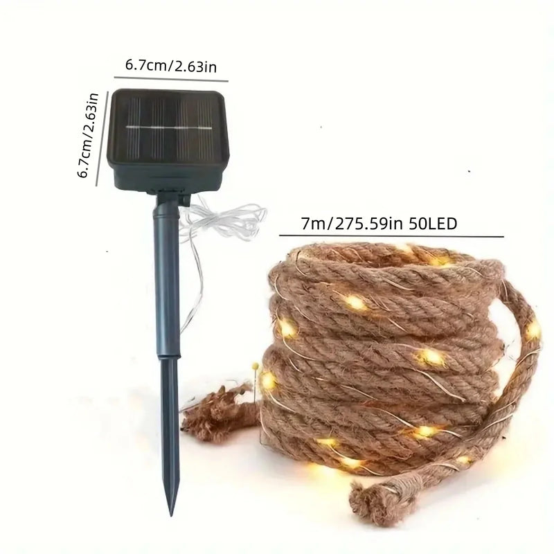 LumiRope Solar Solar-Lichterkette 7 m | 50 LED | Retro-Hanfseil mit 8 Lichtmodi | Wasserdicht & Solarbetrieben