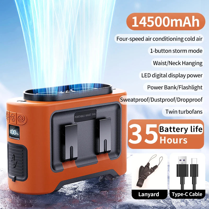 VENTREO StormClip Tragbarer Outdoor-Gürtelventilator 2025 | 5-Stufen Turbo-Wind | 360° Drehclip | Powerbank & LED-Licht