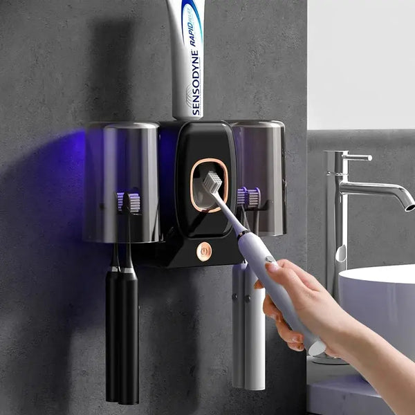 UV Zahnbürstenhalter PureBrush UV | Sterilisation mit UV-Licht | Automatischer Zahnpastaspender | Wandmontage ohne Bohren