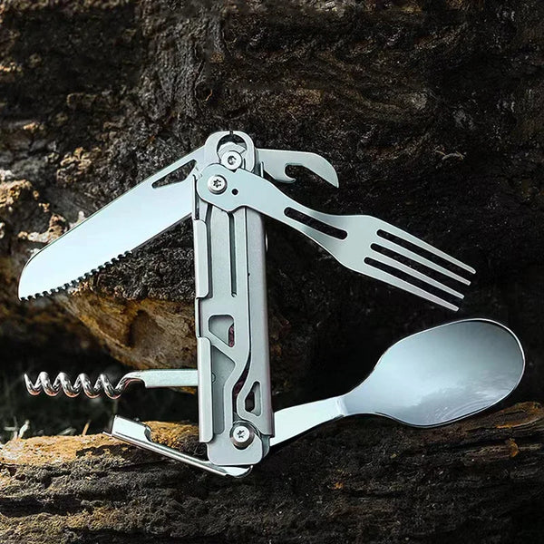 GearSpork Outdoor-Besteck 6-in-1 | Klappbares Multifunktionsbesteck aus Edelstahl | Messer, Gabel, Löffel, Dosenöffner & Flaschenöffner | Für Camping & Trekking