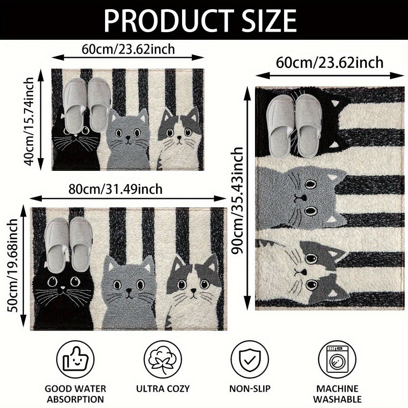 Katzen-Teppich Miyono | Weich & Wasserfest | Rutschfeste Fußmatte mit Streifen & Cartoon-Katzenmotiv | Für Schlafzimmer, Flur & Wohnzimmer