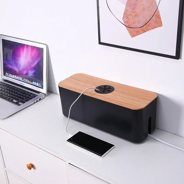 Kabelbox OrgaWood | Schreibtisch Organizer aus Holz & Kunststoff | Für Ladegeräte, Kabel & Zubehör | 29,5×11,4×11 cm