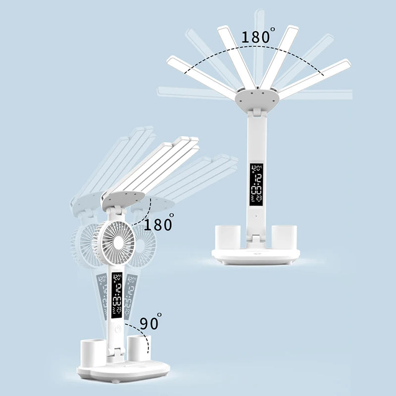LED-Tischlampe LumiBreeze | Mit Ventilator, Uhr & 3 Lichtfarben | USB-Aufladbar | 3200 mAh Akku | Touch-Steuerung