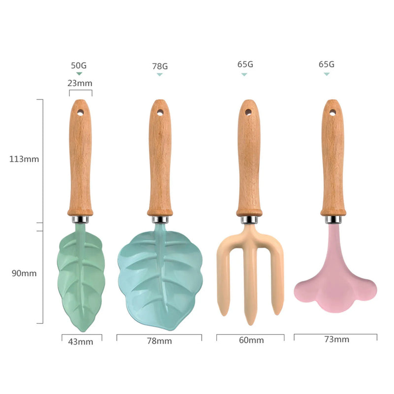 Florinella MiniGarden Kinder-Gartenset mit Blatt- & Blütendesign | Gartenschaufel, Rechen & Gabel aus Holz & Metall