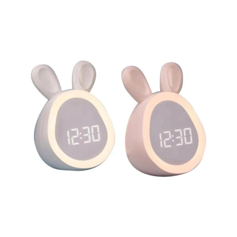 LumiHoppel Kinderwecker | LED Nachtlicht | Energiesparend & Süßes Hasen-Design | Weiß/Rosa | 8,8 x 7,3 x 11,2 cm
