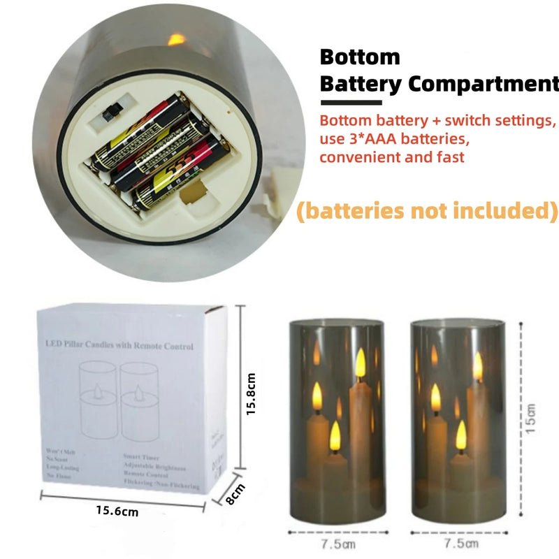 LumièreTrio LED-Stumpenkerze mit 3 Dochten | 7,5 × 15 cm | Fernbedienung & Timer | Flackerndes Warmlicht | Acryl-Design