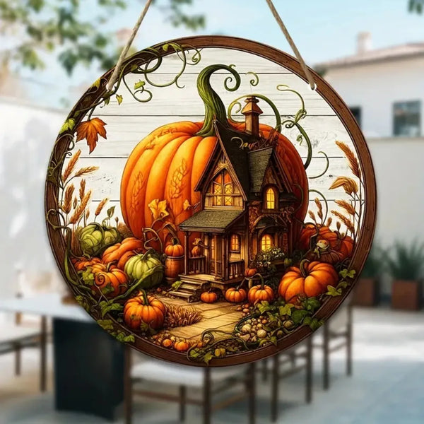 Holzschild AutumnHarvest | Runder Willkommenskranz | Handgefertigte Herbst-Deko | Ø 20 cm