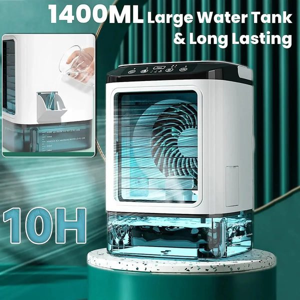 AerisGlow Breeze 900 Luftkühler mit Ultraschall-Vernebelung | 3-Stufen-Ventilator & Nachtlicht | Tragbar & Leise | 900 ml Wassertank für Büro & Zuhause