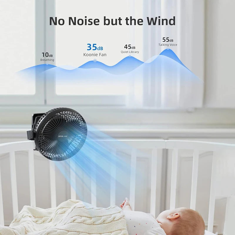 Clip-Ventilator BreeziClip | 8-Zoll | Leise & Wiederaufladbar | 10.000 mAh Akku | Für Kinderwagen, Camping & Zuhause