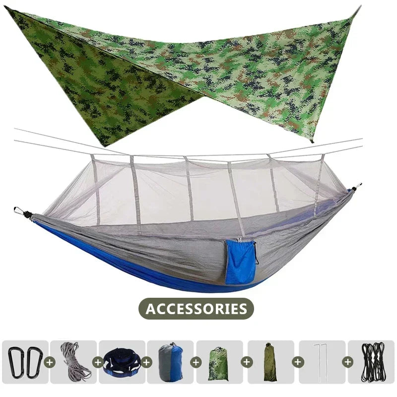 Skyrelax Doppel-Hängematte 260×140 cm mit Moskitonetz & Regendach | Ultraleicht & Tragbar | Für Camping, Wandern & Reisen