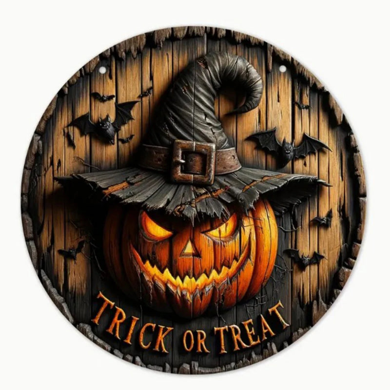 PumpkinHollow Retro Halloween Holzkranz mit Kürbiskopf | Retro-Design | Handgefertigte Hängedeko für Haus & Garten