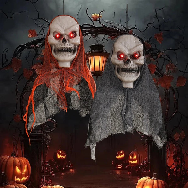 Halloween Deko GhostlyGlow | Hängender Geist mit Leucht-Schädel | Für Garten, Party & Haus
