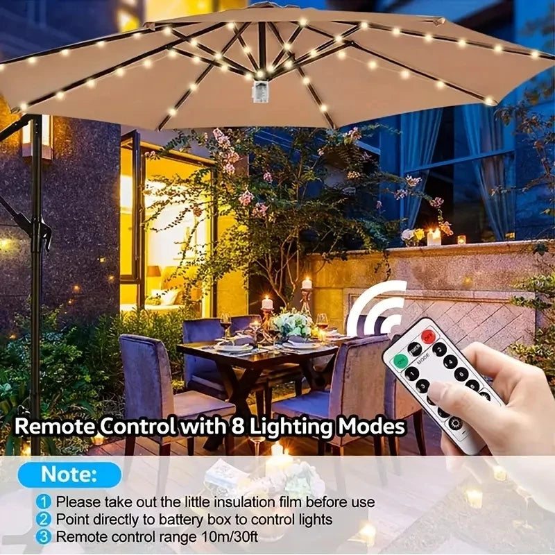 Sonnenschirm-Lichterkette Mit 104 LEDs – Warmweiß, 8 Modi, IP67 Wasserdicht, Fernbedienung, Batterie- Oder USB-Betrieb – Für Garten, Terrasse, Pavillon & Zelte