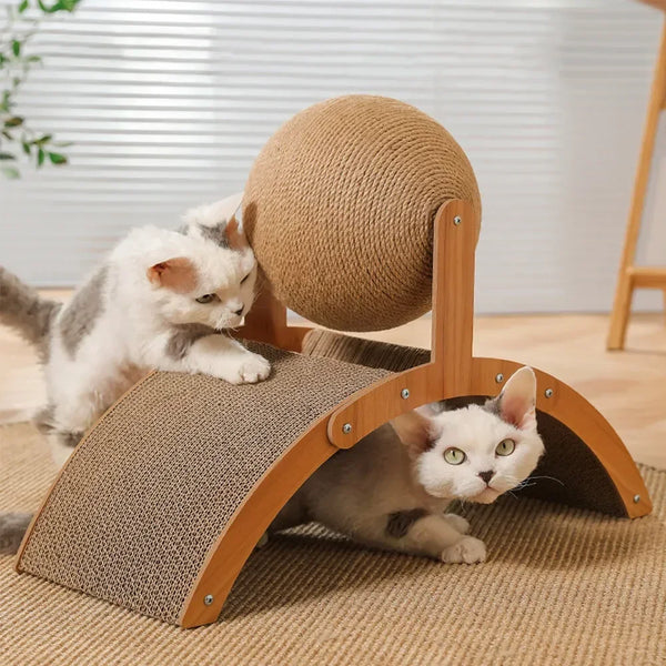 Kratzo Katzenspielzeug | 2-in-1 Kratzball & Kratzbrett | Massivholz & Sisal | Möbel-Schutz