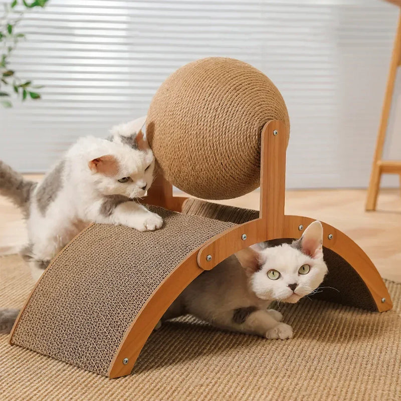 Kratzo Katzenspielzeug | 2-in-1 Kratzball & Kratzbrett | Massivholz & Sisal | Möbel-Schutz