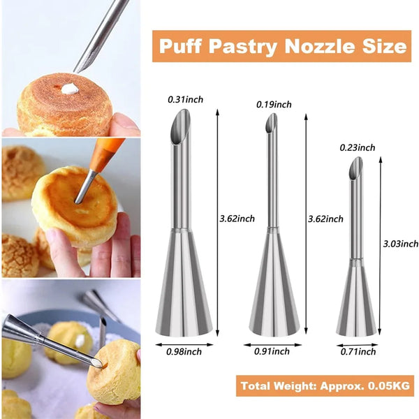 BackMeister Pro Edelstahl Spritztüllen Set 3-teilig | Lange Tülle für Windbeutel & Füllcreme | Backzubehör für Kuchen, Cupcakes & Patisserie