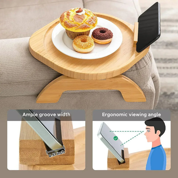 Armilo Sofa-Armlehnen-Tisch aus Holz | Clip-On Couch Tray mit Handyhalter | Für Snacks, Getränke & Fernbedienung | Kein Bohren nötig