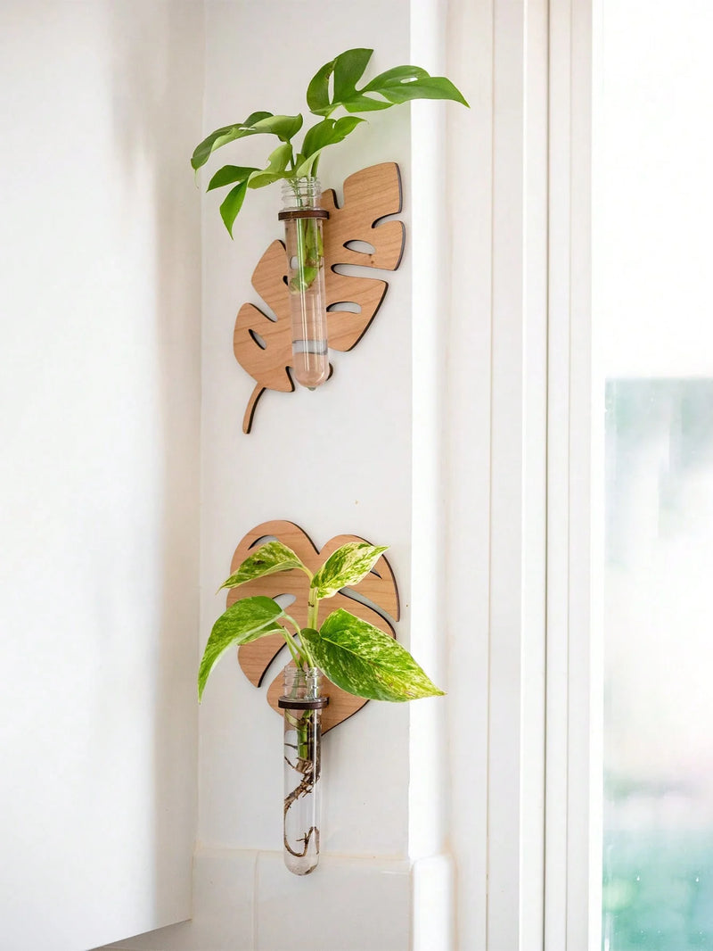 Blattglas Wandvasen in Blattform mit Reagenzglas | 1/2 Stück Holz-Wanddeko für Pflanzen & Ableger | Handgefertigte Pflanzenhalter für Wohnzimmer, Flur & Büro