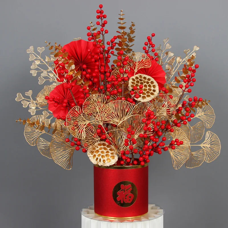 Aurivelle Gold Collection | Künstliche Palmen-, Ginkgo- & Eukalyptusblätter mit Rosen & Hortensien | Edle Dekoblumen für Hochzeit & Zuhause