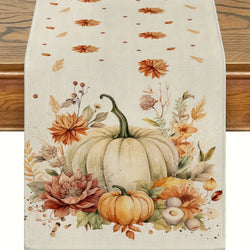 Autumna Herbstlicher Tischläufer | Kürbis- & Blumenmotiv | Waschbar & Langlebig | Leinenoptik | 150–275 × 33 cm