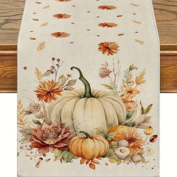 Autumna Herbstlicher Tischläufer | Kürbis- & Blumenmotiv | Waschbar & Langlebig | Leinenoptik | 150–275 × 33 cm