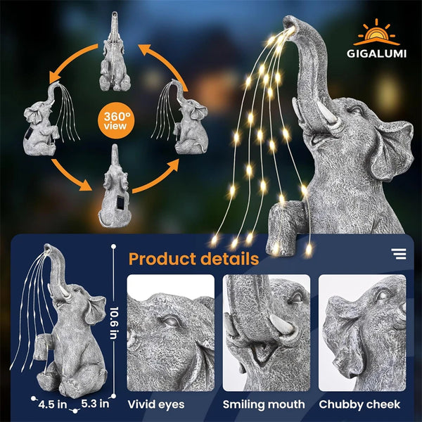LumaPachy Solar Elefantenfigur mit Lichterkette | Gartendeko & Geschenkidee | Wasserdichte LED-Skulptur für Garten, Terrasse & Balkon